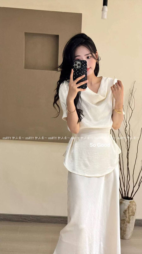 Cowl Neckline Short Sleeves Tie Tops With Skirts Sets